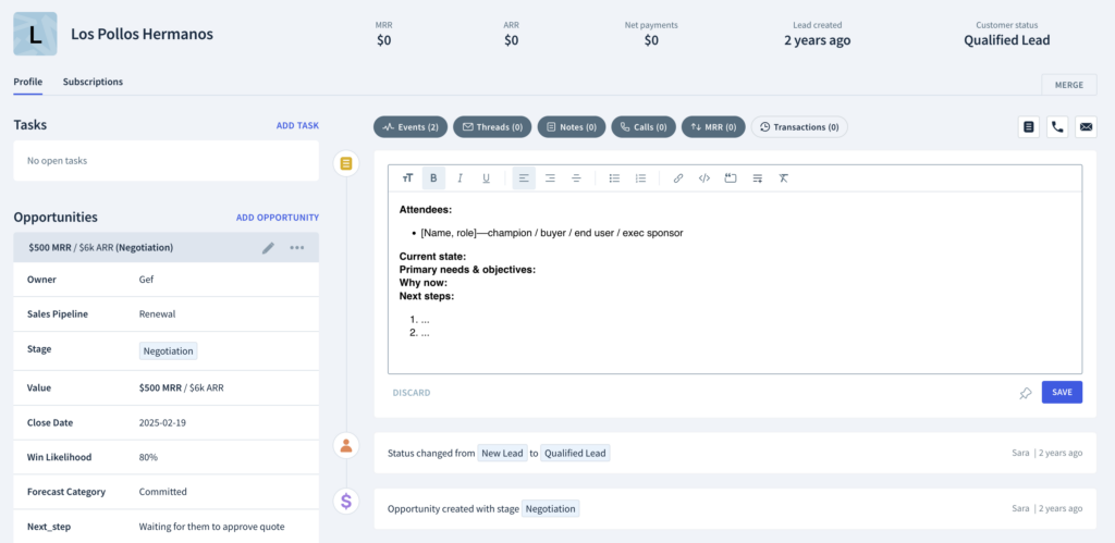 You can book sales demos, log calls, and take notes right in the ChartMogul CRM.